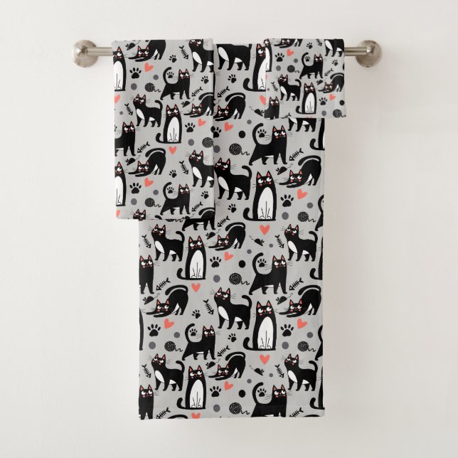 Cute Black Cat Seamless Pattern On A Light Gray Bath Towel Set (Insitu)