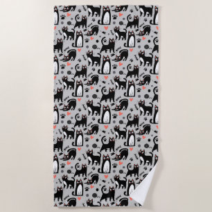 Cute Black Cat Seamless Pattern On A Light Gray Beach Towel