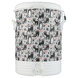 Cute Black Cat Seamless Pattern On A Light Gray Beverage Cooler