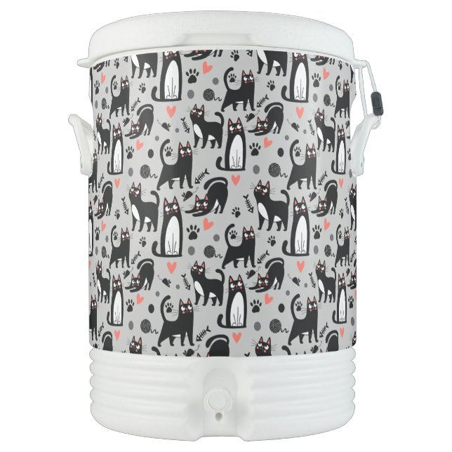 Cute Black Cat Seamless Pattern On A Light Gray Beverage Cooler (Front)