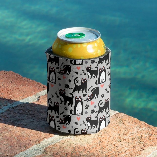 Cute Black Cat Seamless Pattern On A Light Gray Can Cooler (In Situ Pool)