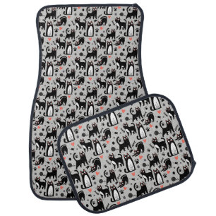Cute Black Cat Seamless Pattern On A Light Gray Car Floor Mat
