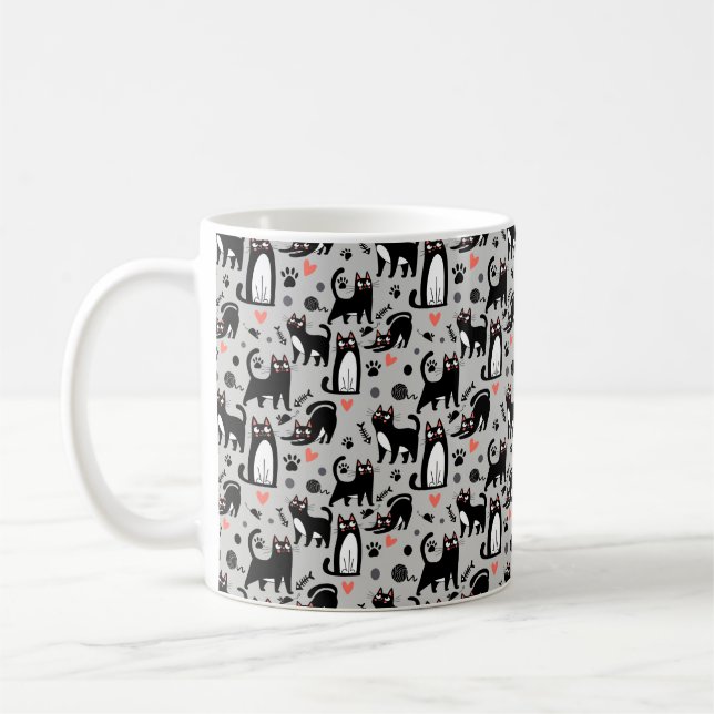 Cute Black Cat Seamless Pattern On A Light Gray Coffee Mug (Left)