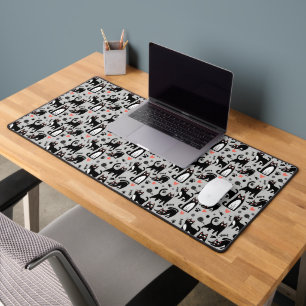 Cute Black Cat Seamless Pattern On A Light Gray Desk Mat