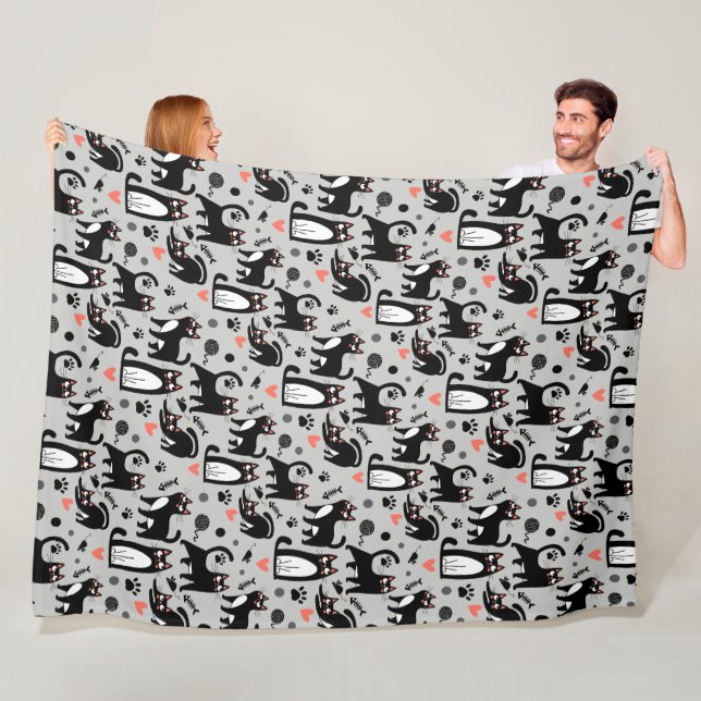 Cute Black Cat Seamless Pattern On A Light Gray Fleece Blanket (In Situ)