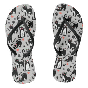 Cute Black Cat Seamless Pattern On A Light Gray Flip Flops