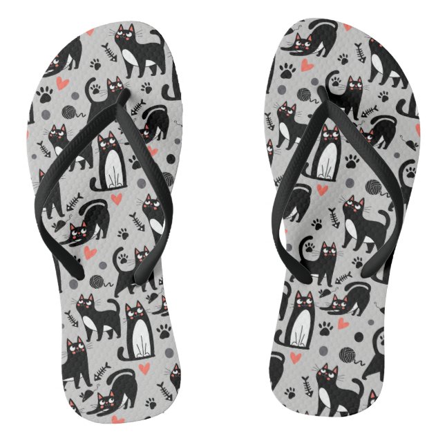 Cute Black Cat Seamless Pattern On A Light Gray Flip Flops (Footbed)