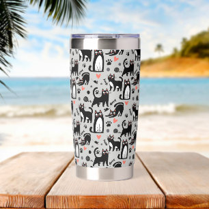Cute Black Cat Seamless Pattern On A Light Gray Insulated Tumbler