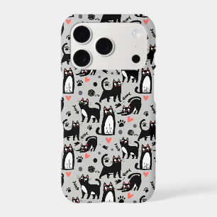 Cute Black Cat Seamless Pattern On A Light Gray iPhone 17 Pro Case