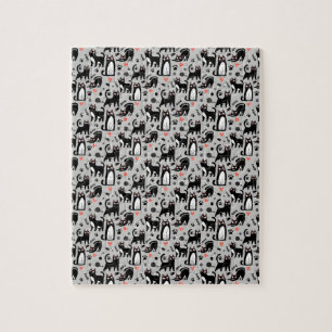 Cute Black Cat Seamless Pattern On A Light Gray Jigsaw Puzzle