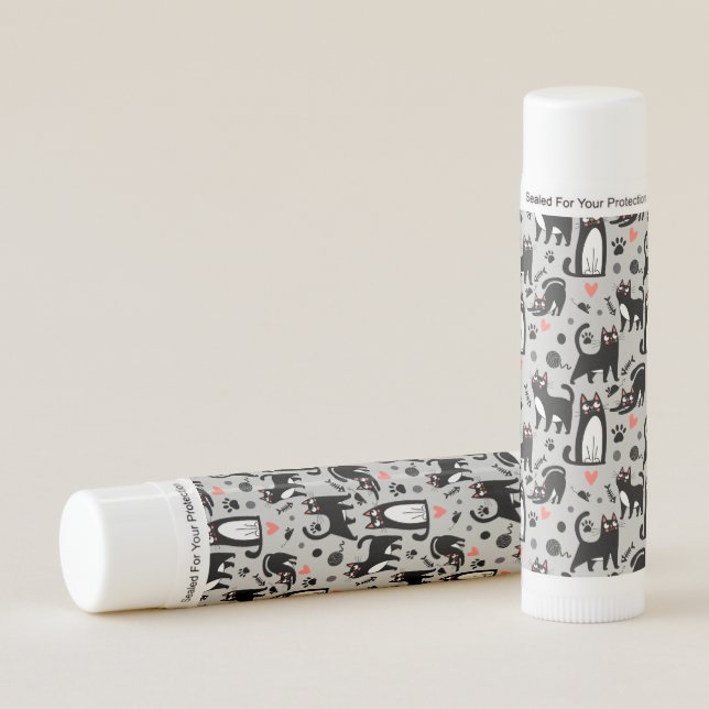 Cute Black Cat Seamless Pattern On A Light Gray Lip Balm (Front)