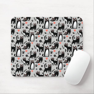 Cute Black Cat Seamless Pattern On A Light Gray Mouse Pad