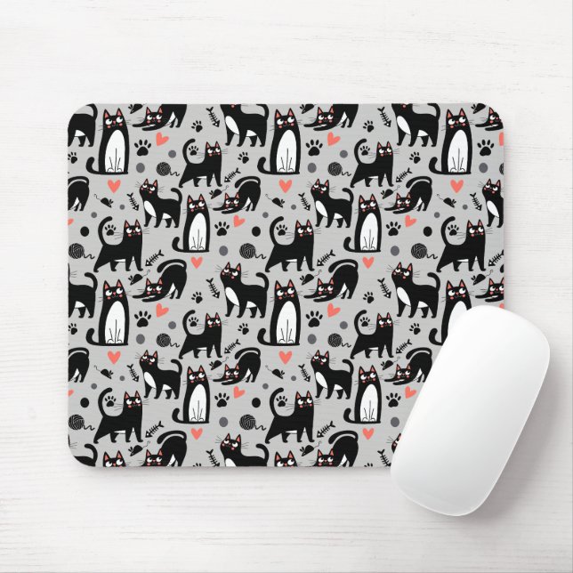 Cute Black Cat Seamless Pattern On A Light Gray Mouse Pad (With Mouse)