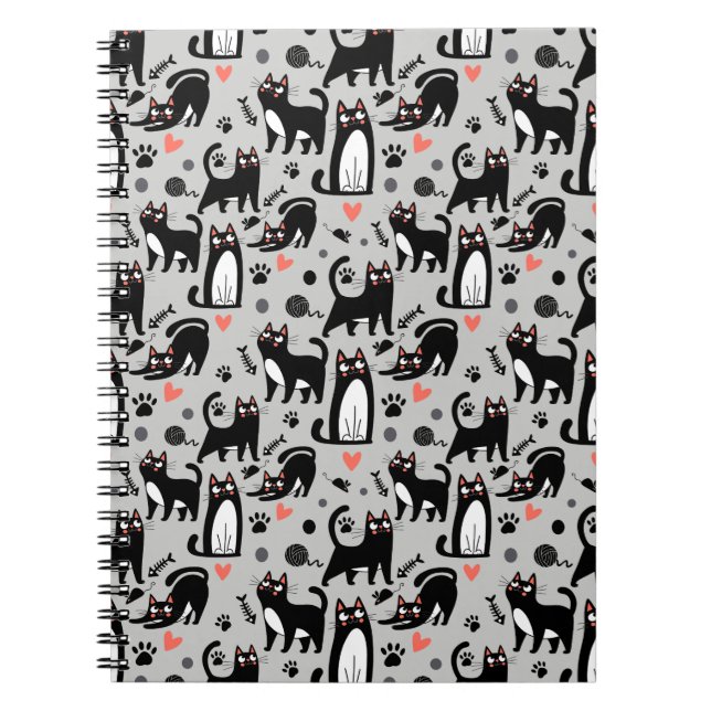 Cute Black Cat Seamless Pattern On A Light Gray Notebook (Front)