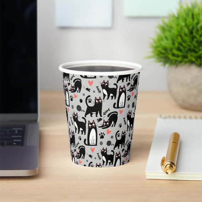 Cute Black Cat Seamless Pattern On A Light Gray Paper Cups (Insitu)