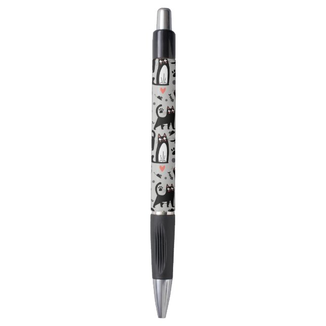 Cute Black Cat Seamless Pattern On A Light Gray Pen (Front Vertical)