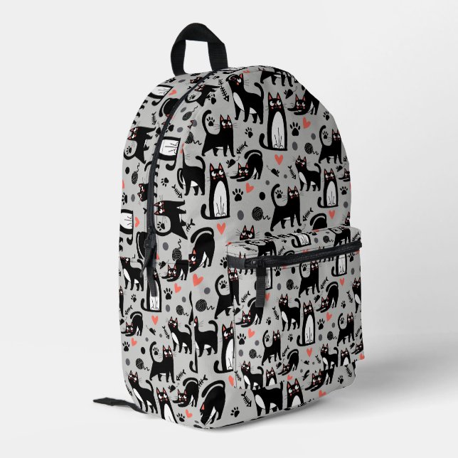 Cute Black Cat Seamless Pattern On A Light Gray Printed Backpack (Back Corner Left)
