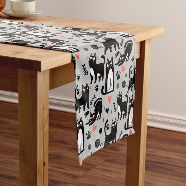 Cute Black Cat Seamless Pattern On A Light Gray Short Table Runner (In Situ)