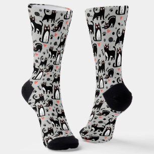 Cute Black Cat Seamless Pattern On A Light Gray Socks