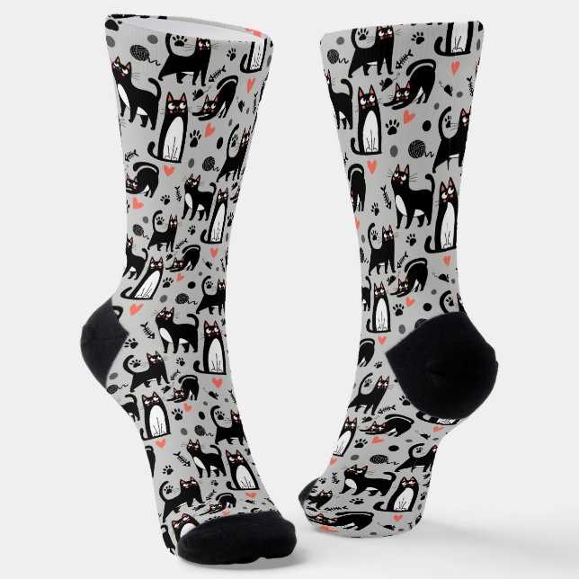 Cute Black Cat Seamless Pattern On A Light Gray Socks (Angled)