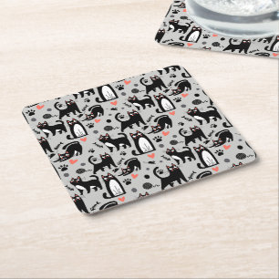 Cute Black Cat Seamless Pattern On A Light Gray Square Paper Coaster