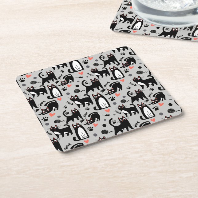 Cute Black Cat Seamless Pattern On A Light Gray Square Paper Coaster (Angled)