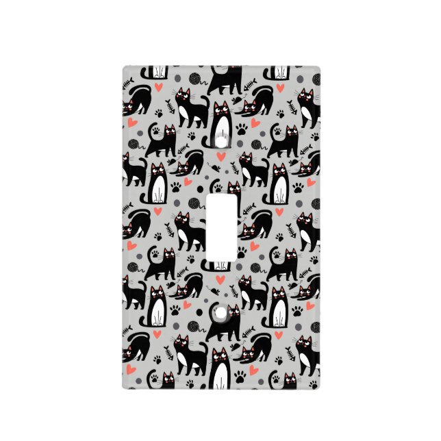 Cute Black Cat Seamless Pattern On A Light Gray Switch Cover (Front)