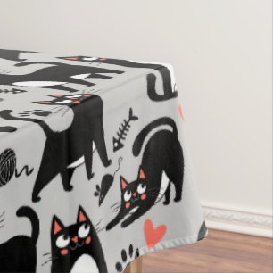 Cute Black Cat Seamless Pattern On A Light Gray Tablecloth