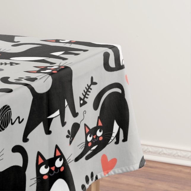 Cute Black Cat Seamless Pattern On A Light Gray Tablecloth (In Situ)