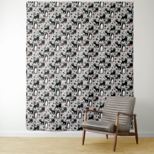 Cute Black Cat Seamless Pattern On A Light Gray Tapestry