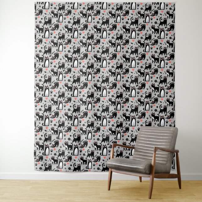 Cute Black Cat Seamless Pattern On A Light Gray Tapestry (In Situ)