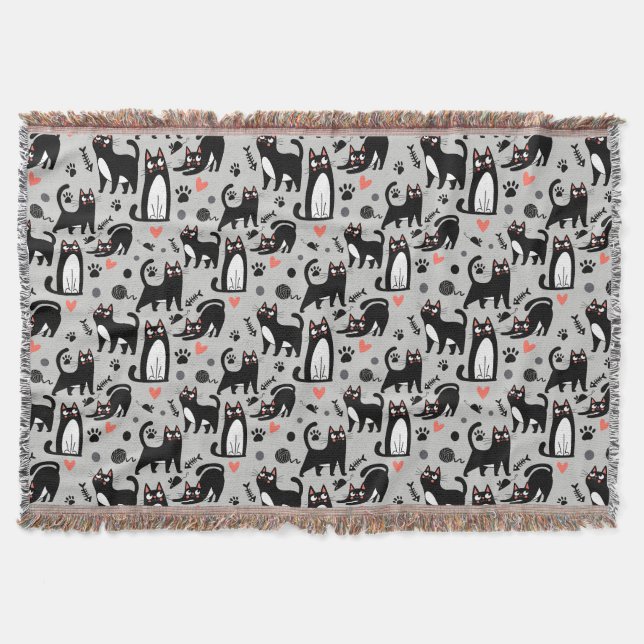 Cute Black Cat Seamless Pattern On A Light Gray Throw Blanket (Front)