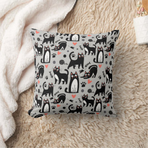 Cute Black Cat Seamless Pattern On A Light Gray Throw Pillow