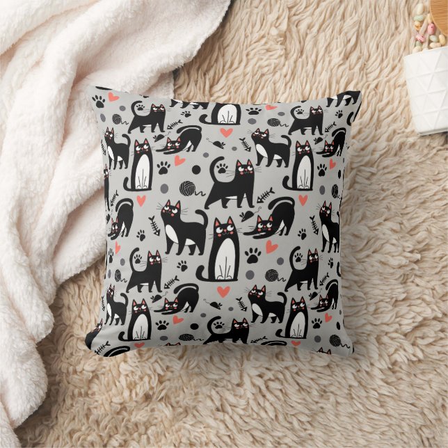 Cute Black Cat Seamless Pattern On A Light Gray Throw Pillow (Blanket)