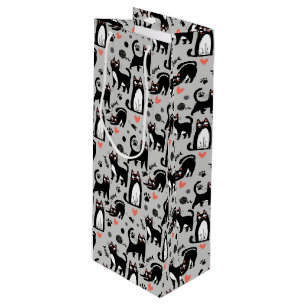 Cute Black Cat Seamless Pattern On A Light Gray Wine Gift Bag