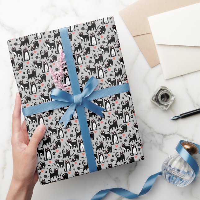 Cute Black Cat Seamless Pattern On A Light Gray Wrapping Paper (Gifting)