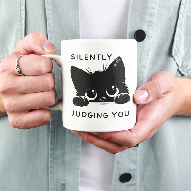 Cute Black Cat Silently Judging You Personalized Two-Tone Coffee Mug (Creator Uploaded)