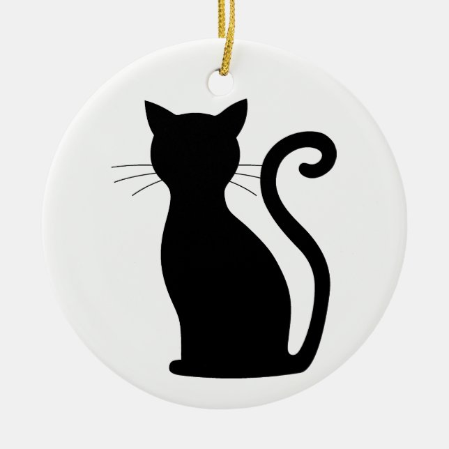 Cute Black Cat Silhouette Fun Black and White Ceramic Ornament (Front)