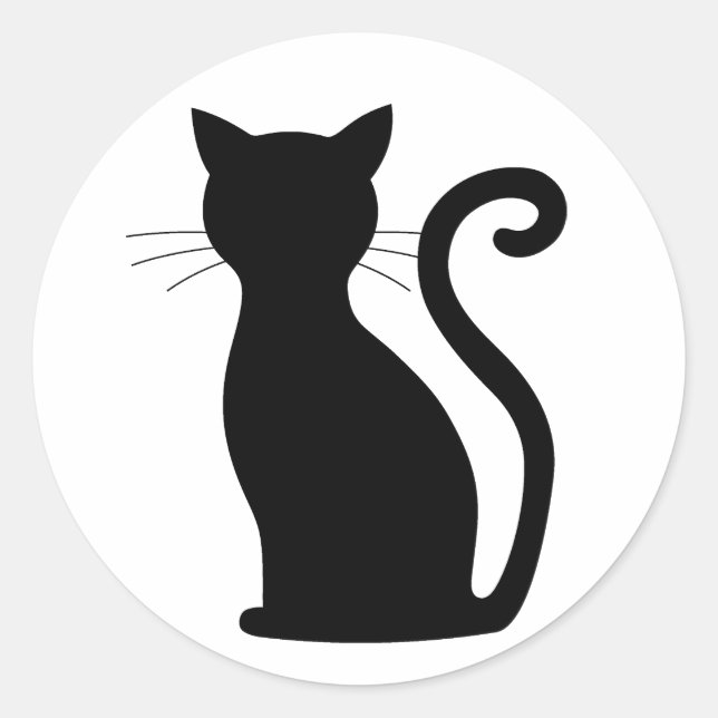 Cute Black Cat Silhouette Fun Black and White Classic Round Sticker (Front)
