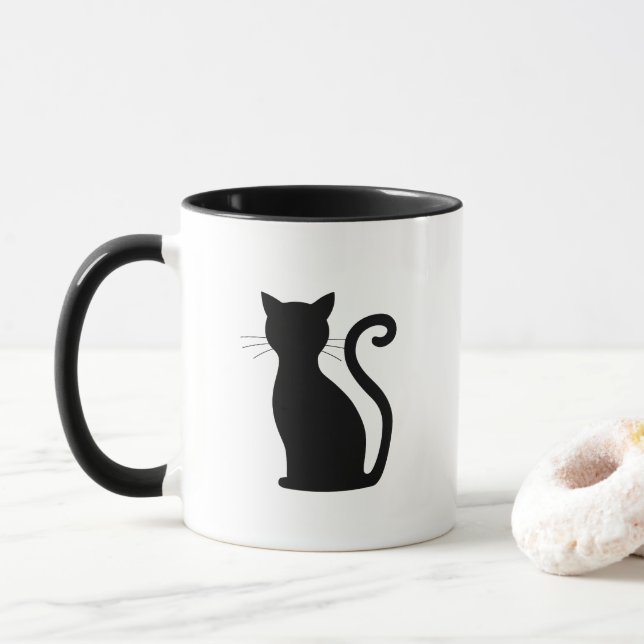 Cute Black Cat Silhouette Fun Black and White Mug (With Donut)