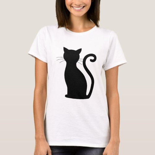 Cute Black Cat Silhouette Fun Black and White T_Shirt