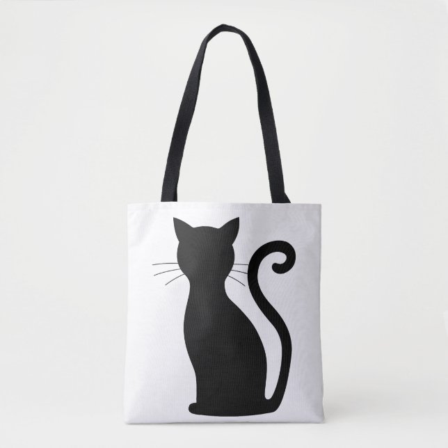 Cute Black Cat Silhouette Fun Black and White Tote Bag (Front)