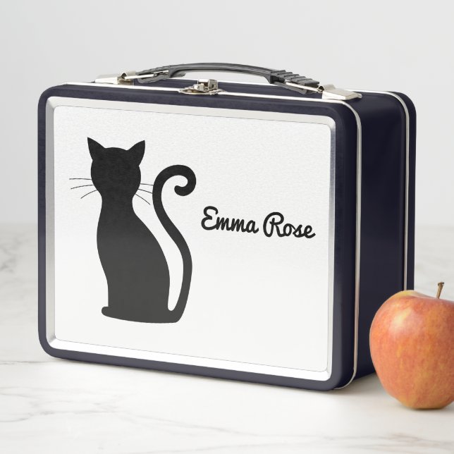 Cute Black Cat Silhouette Name Black and White Metal Lunch Box (In Situ)
