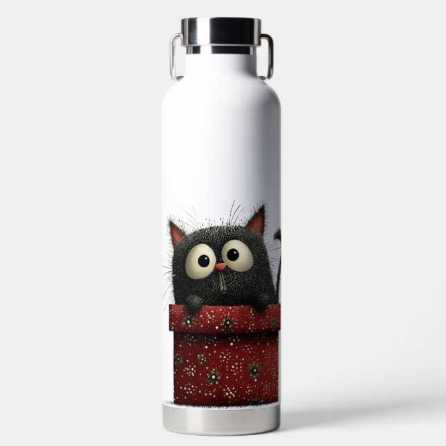 CUTE BLACK CAT SITTING IN A RED PRESENT WATER BOTTLE (Front)