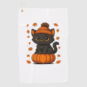 Cute Black Cat Sitting on Pumpkin Fall Aesthetic A Golf Towel