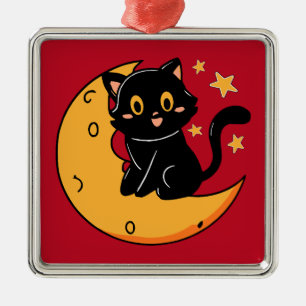 Cute black cat sitting on the moon metal ornament
