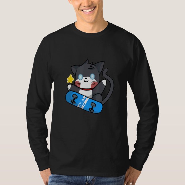 Cute Black Cat Skateboard T-Shirt (Front)