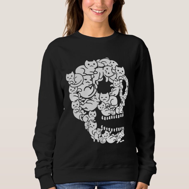 Cute Black Cat Skull Kitty Skeleton Scary Hallowee Sweatshirt (Front)