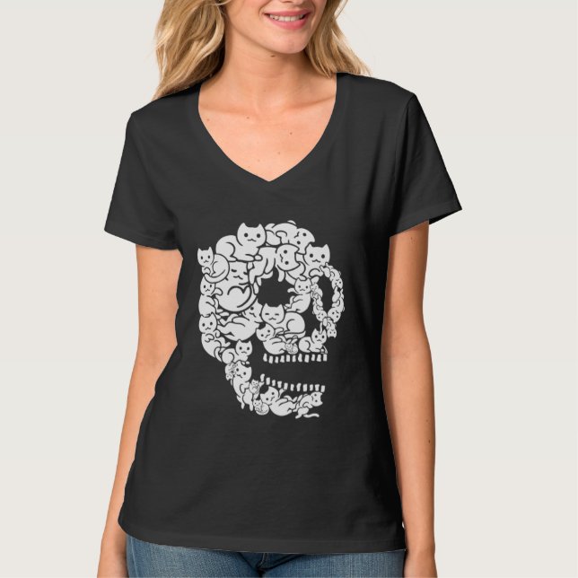 Cute Black Cat Skull Kitty Skeleton Scary Hallowee T-Shirt (Front)