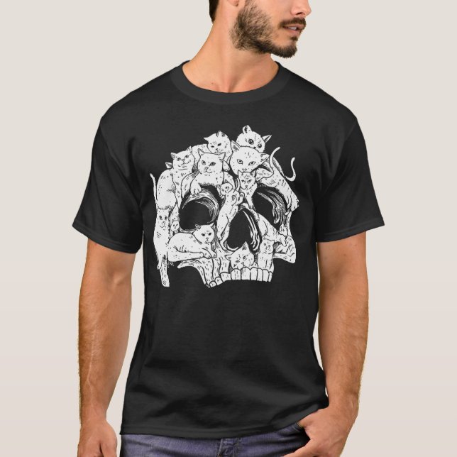 Cute Black Cat Skull Kitty Skeleton Scary Hallowee T-Shirt (Front)